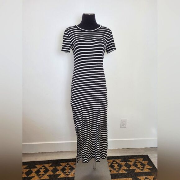 Soft Stitch Ribbed Maxi Dress Striped Black White Jersey Knit Casual Comfy Small - Picture 1 of 10
